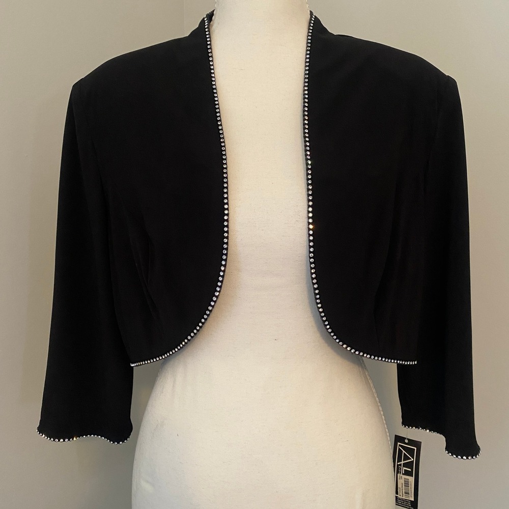 Alex Evenings Bolero Shrug 14P Black Rhinestone Trim Cropped Glam Formal Event